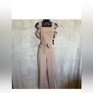 New York & Co Women Tan Belted Jumpsuit